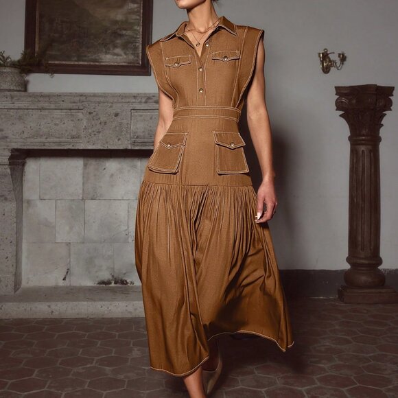 Dresses & Skirts - Brown Elegant Women's Sleeveless Dress with Pleated Pocket